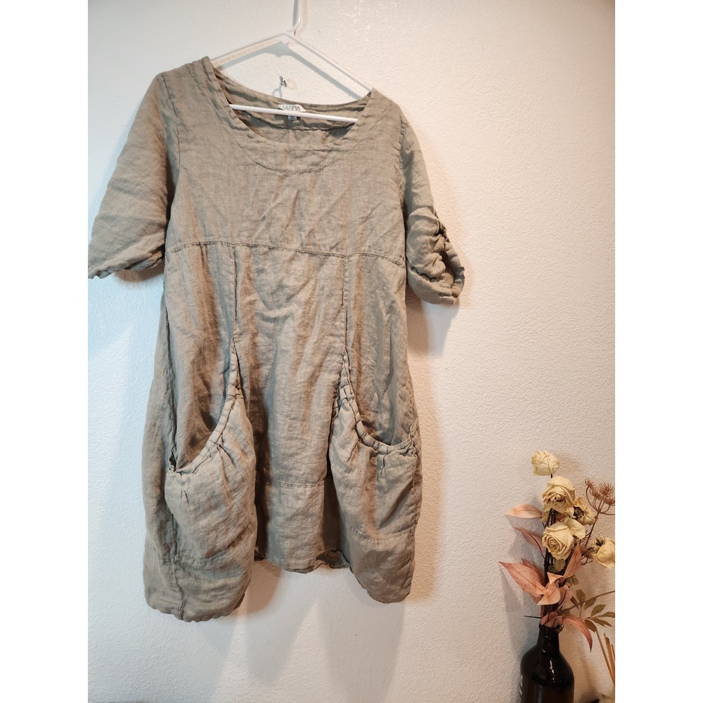 Made in Italy 100% Linen Tunic Dress S  Relaxed Fit,‎ Vasna Sleeve & Pockets